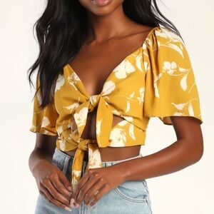 Lulus - Tied for First Mustard Yellow Floral Print Tie-Front Crop Top | M